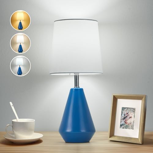Small Bedside Table Lamp for Bedroom - Reading Desk Lamp with 3 Color Temperatures，15.5" Nightstand Ceramic Lamp with Fabric Shade for Kids Room,Living Room,Dorm,Home Office (Blue+White) by Illuminatingyoumeandhim