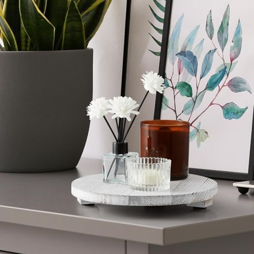 Small Round Decorative Tray White Washed Wood Bathroom Counter Organizer Pedestal Stand Farmhouse Kitchen Decor Wooden Riser for Soap Dish, Perfume, Candle, Sponge, 9" - Image 5