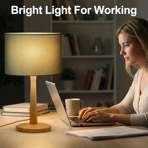 16.3” Natural Wood Table Lamp with Linen Drum Shade, E26 Base, UL listed - Image 7