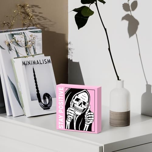 Cute Halloween Decor Indoor Skull Gothic Home Decor Goth Decor Halloween Skeletons Stay Positive Skulls Skeleton Man Sign for Home Office Desk Accessories Gifts 5 x 5 Inches (Pink) - Image 4