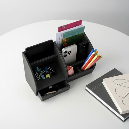 UnionBasic Desk Organizer - Multifunctional Leather Desktop Pen Holder Storage Box - Business Card/Pen/Pencil/Mobile Phone/Stationery Holder, Taiga Dark Gray - Image 6