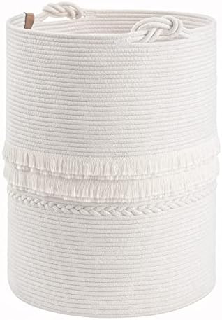 CherryNow 70L Woven Rope Laundry Basket with Tassel, 16" x 22", White by CherryNow