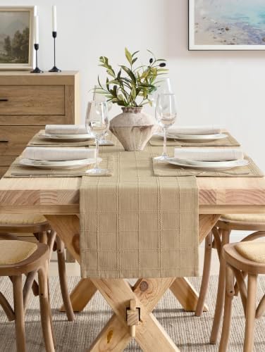 ZeeMart Linen Checked Farmhouse Table Runner, 13x108 Inches Camel - Image 2