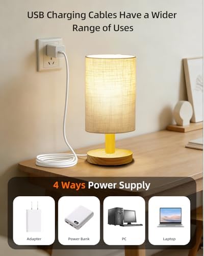 Small Touch Table Lamp for Bedroom, Portable LED Desk Lamps, 3 Color Stepless Dimming Up, Wood Base Round Flaxen Fabric Shade for Kids Room, Living Room, College Dorm, Home, Office - Image 5