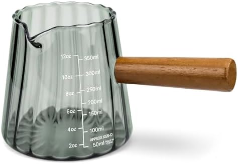 Espresso Measuring Cup 12 Oz, Espresso Glass Cups with Wood Handle, Milk Frothing Cup, Espresso Cup for Coffee, Milk, Tea or Maple Syrup Serving (Gray, 12 oz) by Unknown