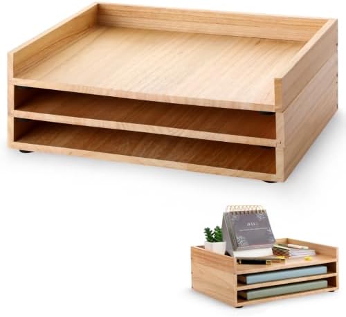 chiazllta 3 Pack Stackable Wood Letter Tray Wood Desk Paper Organizer Tray Wooden Office Documents Shelf Holder for A4 Paper Mail File Document Magazines Folders Receipts Home Office Supplies Storage by chiazllta