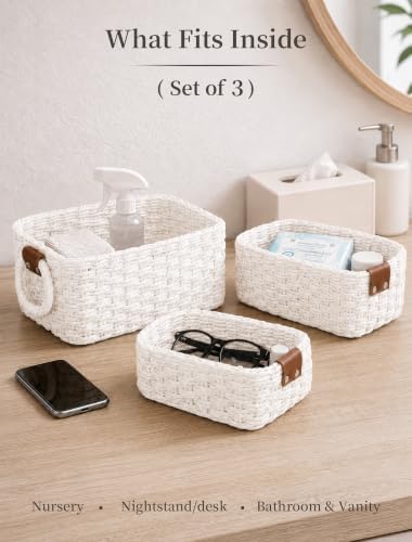 Small Wicker Baskets, 3 PCS Paper Rope Baskets for Shelves, White - Image 3