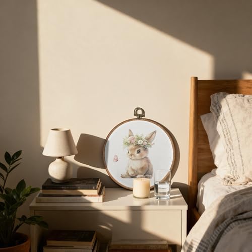 OFJE Cute Easter Bunny Wall Art Decor, Floral Crown Bunny Nursery Round Wall Hanging Decor, Rustic Farmhouse Butterfly Rabbit Framed Canvas Prints for Nursery Home Room Bedroom Decorations, 10x10 Inch - Image 2