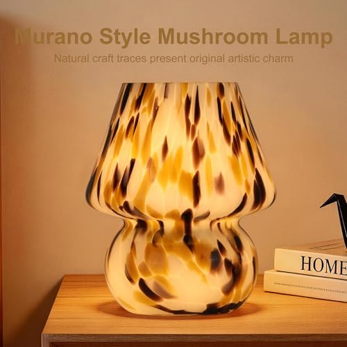 Mushroom Lamp with LED Bulb, Small Glass Bedside Lamp, Brown&White - Image 6