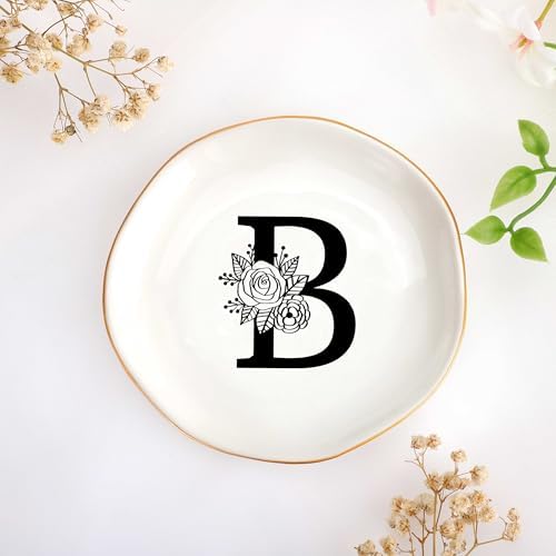 JoycuFF Initial B Ceramic Jewelry Tray, Bridesmaid Bride Gifts, Mothers Day Christmas Anniversary Engagement Birthday Gifts for Women Couples, Trinket Dish for Rings Earrings Necklaces Bracelets Keys by Joycuff
