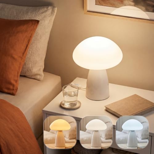 Mushroom Lamp, 3 Color Modes Stepless Dimmable Table Lamp, Retro Ceramic Base Bedside Lamp, Decorative Lamp for Bedroom, Nursery, Nightstand (White) by Myrauv
