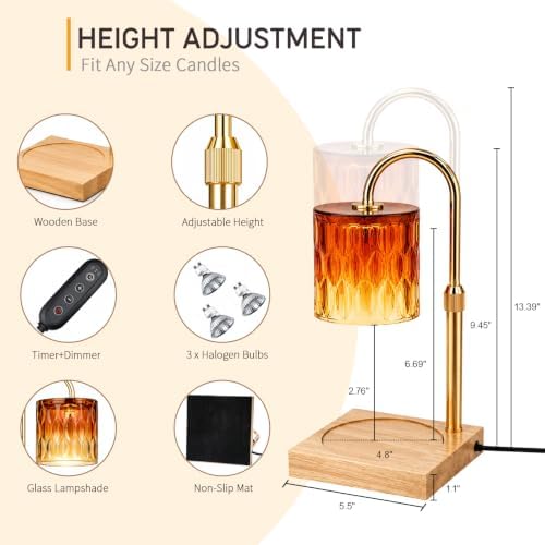 TOACSUCP Candle Warmer Lamp with 3 Bulbs, Adjustable Height Dimmable Candle Warmer with Timer, Compatible with Large Jar Candles, Candle Lamp with Charming Gift Box Ribbon for Her/Him (Amber Orange) - Image 2