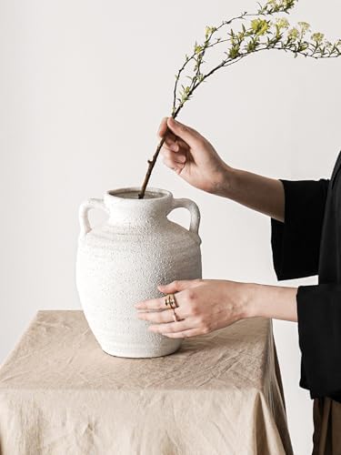 White Ceramic Vase with Handles, 9.5Inch, Farmhouse Rustic, Gritstone White - Image 5