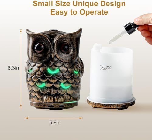 ALIEYE Ceramic Owl Essential Oil Diffuser, 200ml Handmade Aromatherapy Humidifier, 7-Color LED, Auto Shut-Off, Cool Mist for Home Office Yoga, Gifts for Mom Women (Antique Bronze) - Image 2
