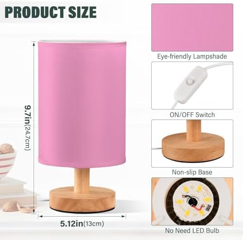 DOMIKING Pink Bright Print Bedside Table Lamp for Bedroom Small Lamps for Nightstand Lamp with Wood Base LED Table Lamps for Living Room Dorm Office Kids Room - Image 3