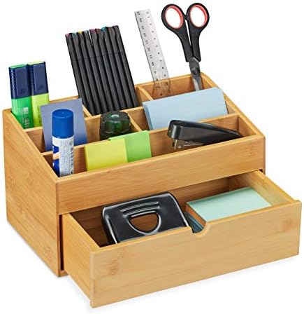 Relaxdays Desk Organiser with Drawer, 6 Compartments, Bamboo, Office Storage Box, H x W x D: 15 x 28 x 16.5 cm, Natural, Wood Composite, Pack of 1 by Relaxdays