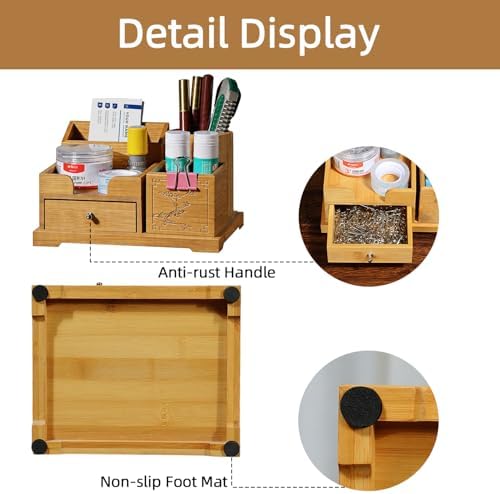 Bamboo Desk Organizer with Drawer & Pen Holder, Office Desk Caddy Storage - Image 3