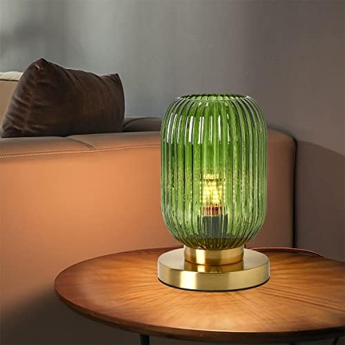 Glass Table Lamps Mid Century Modern Globe Table lamp Gold Desk lamp nightstand lamp with Green Pumpkin Design Ribbed Glass Bedside Table Lamp for Bedroom Living Room Office - Image 3