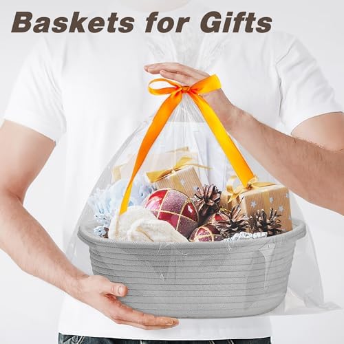 Pro Goleem Small Woven Basket with Gift Bags and Ribbons Durable Baskets for Gifts Empty Small Rope Basket for Storage 12"X 8" X 5" Baby Toy Basket with Handles, Gray - Image 2
