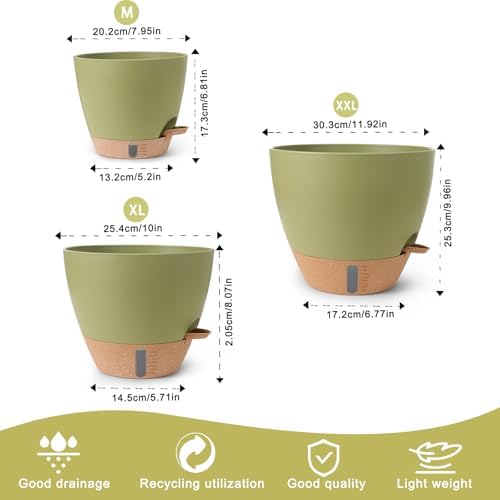 Self Watering Pots for Indoor Plants, 3 Pack 12/10/8 Inch, Large Planter with Water Reservoir, Modern Decorative Flower Pots for Home & OfficeGreen - Image 2