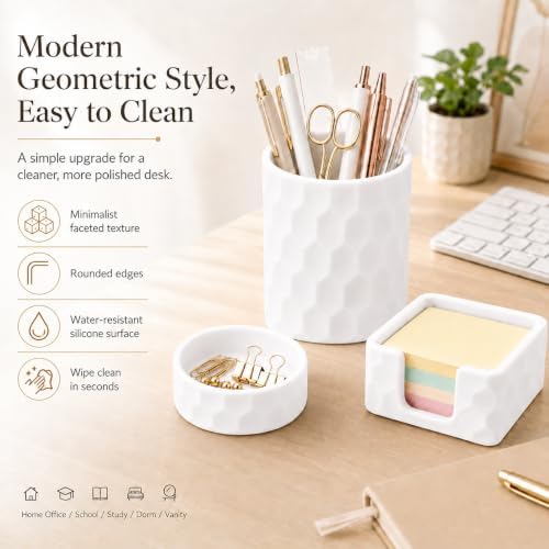 Aesthetic Geometric Silicone Desk Organizer Set of 3,Modern Office Desk Accessories with Round Pen Holder,Paperclip Tray,Sticky Note Holder,Stylish Functional Desk Decor for Home Office(White) - Image 2