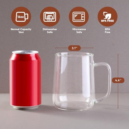Glass Coffee Mugs, 16 oz Glass Coffee Cups Set of 4, Clear Borosilicate Glass Mugs with Handles for Cappuccino, Tea, Latte, Hot/Cold Beverages, Wine, Americano - Image 2