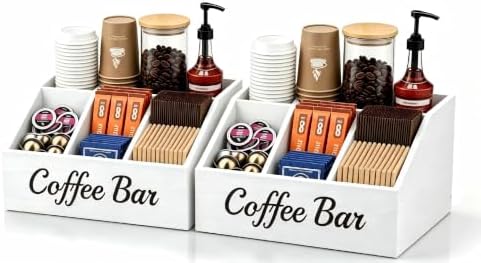 2 Pack Coffee Station Organizer for Countertop – Wooden Coffee Bar Organizer with Adjustable Dividers,Holds K Cup Pod & syrup bottles, for Kitchen, Office, or Bar and Tea Station, White by Unknown
