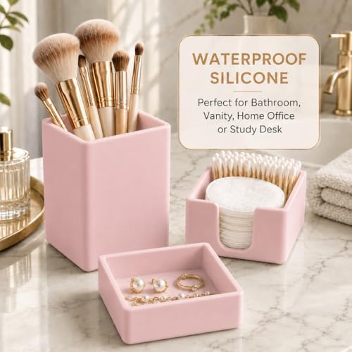 minimaliving Aesthetic Silicone Desk Organizer Set of 3,Modern Office Desk Accessories with Pen Holder,Paperclip Tray,Sticky Note Holder,Stylish Functional Office Desk Decor for Back-to-school(Pink) - Image 5