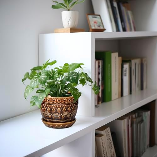 G EPGardening Ceramic Pot for Plants 5.5 Inch - Ceramic Plant Pot with Drainage Hole and Saucer, Boho Round Planter for Indoor Outdoor Plants, Plant Lover Gifts, Office Garden House Decor, Brown - Image 5