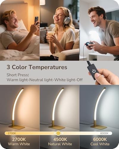 EDISHINE Curved LED Table Lamps for Living Room, Modern Bedside Lamp, Gold - Image 4