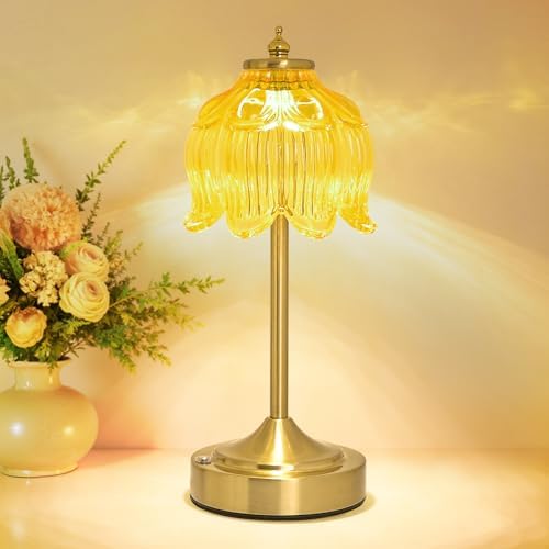 Cordless Table Lamp, Rechargeable Honey Gold Glass Lotus Flower Lamp by Unknown