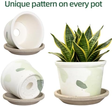 3.3 Inch Small Ceramic Planter Pot with Drainage Hole and Saucer, Artistic Spotted Flower Pot for Indoor Succulent Plants, Home Office Desk Decor(White&Green) - Image 2