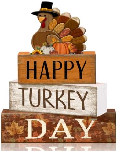 Moucuny 4 Pcs Fall Table Decor Wooden Signs Happy Turkey Day Blocks by Moucuny