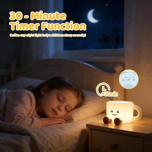 Coffee Cup Night Light, 3 Level Dimmable 30 Timer 7 Colors Nightlight Cute Lamps Silicone Squishy Light USB Rechargeable Bedside Touch Lamp for Baby Desk Dorm Decor Birthday Gift - Image 5