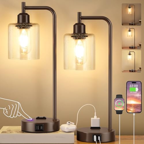 Innqoo Industrial Touch Table Lamps - 3-Way Dimmable Desk Lamps Set of 2 with USB C+A Ports and Outlet, Brown Bedside Lamps with Clear Glass Shade for Living & Bedrooms by Innqoo