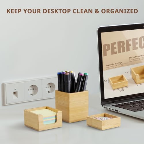 Desk Organizer Set of 3 - Bamboo Office Desk Accessories - Desk Organizers and Accessories for Women Men - Set incl. Pencil Pen Holder, Paperclip Storage and Sticky Note Holder - Image 3