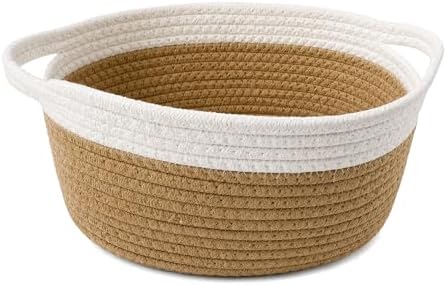 Small Cotton Rope Basket - White Woven Storage Basket with Handles, Desktop Organizer for Keys, Remotes, Makeup, Soft Decorative Bin for Bathroom, Office Shelf (White/Khaki) by QYMXHZE