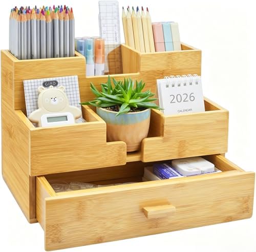 Bamboo Desk Organizer - Countertop Drawers Organizer Tabletop Storage Organization Makeup & Pen Storage with Drawer & Pencil Holder for Office Organization by focusonwoodandbamboo