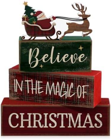 Moucuny 4 Pcs Tartan Plaid Christmas Table Decor, Santa Sleigh Wooden Signs by Moucuny