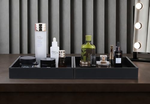 HofferRuffer Faux Leather Vanity Tray, Elegant Desktop Storage Organizer, Decorative Catchall for Perfume, Bathroom Valet, Nightstand or Dresser, 10" x 10" x 1.8" (Black) - Image 3