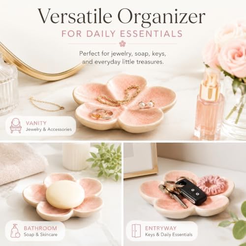 Ceramic Flower Jewelry Ring Trinket Dish Tray, Gifts for Women, Blush Pink - Image 3