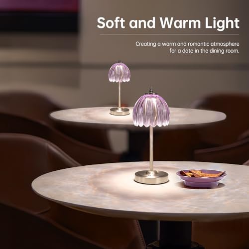 Shenmoyl Tulip Table Lamp with 5200mAh Battery & Touch Control, Cordless Small Table Lamp with 3 Colors, Dimmable Rechargeable Table Lamps for Living Room, Bedroom, Desk, Bedside (Clear Purple Tulip) - Image 6