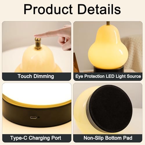 Bedside Touch Control Table Lamp,Pear Mini USB Rechargeable 3 Color Desk Lamp, Warm Ambient Portable Night Light for Bedroom Living Room Home Decor Ideal Gift for Men Women(Cream) - Image 3