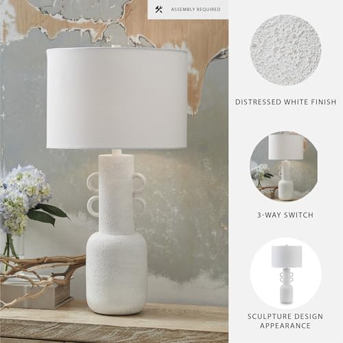 Signature Design by Ashley Perringhill Table Lamp, 31" Tall Sculptural Metal Base, Fabric Drum Shade, 3-Way Switch, Transitional Decor for Bedroom and Living Room, Distressed White - Image 3