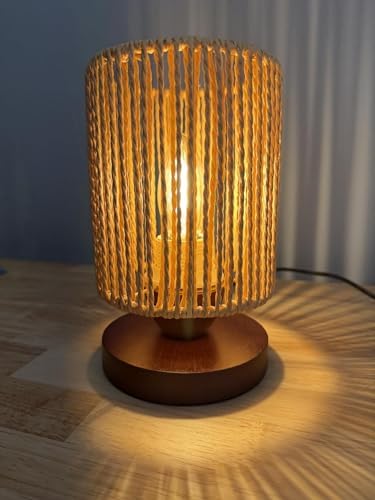 Handmade Rattan Lamp Boho Table Lamp for Bedroom, Stepless Dimming Small Woven Lamps for Night Stands with Warm White LED Bulb, Coastal Boho Lamp for Living Room Reading Nook Office Desk by DKCONONY