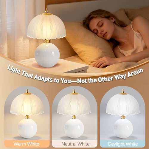 PARTPHONER Mushroom Table Lamp, Ceramic Bedside Lamp with Glass Shade, 3-Way Lighting (2700K-5000K) Rocker Switch, Small Nightstand Lamp for Bedroom, Living Room, Office, White - Image 3