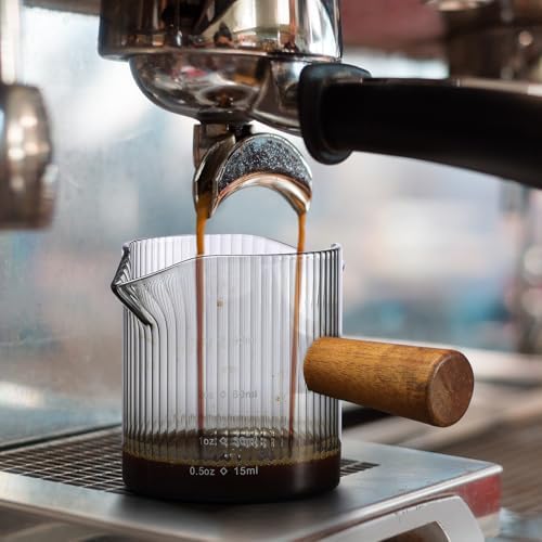 Espresso Cups 3 OZ, Double V-Shaped Spouts Cups, Espresso Shot Glasses with Wood Handle, Ribbed Milk Measuring Cup - Image 4