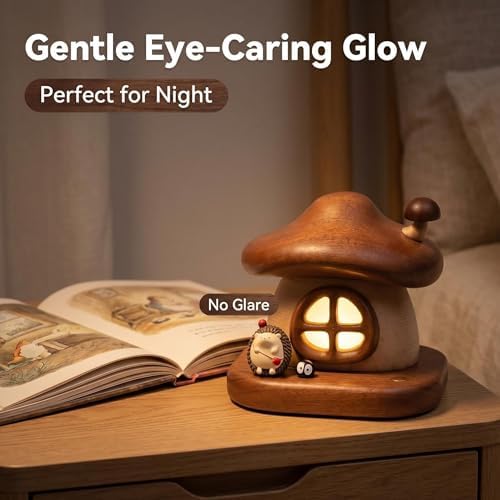 LONRISWAY Cordless Wood Mushroom Lamp, Small Battery Operated Wooden Table Lamp Portable Night Light, 3-Color Touch Control Wireless Stepless Dimming for Bedroom Nightstand for Birthday Gifts - Image 3