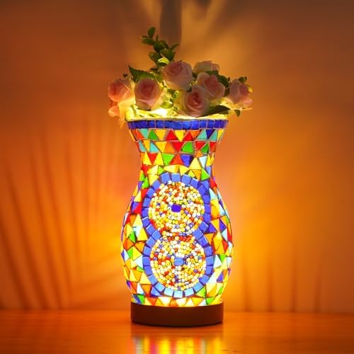 Mosaic Vase Lamp, Turkish Moroccan Table Lamp with Wood Base, USB LED by JAITAIK