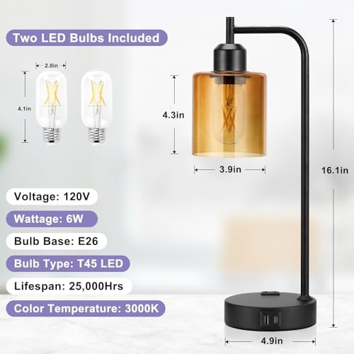 Industrial Touch Nightstand Lamps for Bedrooms Set of 2 - 3-Way Dimmable Table Lamps with USB C+A Ports and Outlet, Bedside Lamps with Amber Glass Shade for Living Room, Desk Lamps for Home Office - Image 4